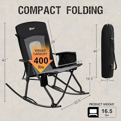 PORTAL Oversized Folding Rocking Camping Chair Portable Outdoor Rocker with High Back Hard Armrests Carry Bag, Supports 400 lbs