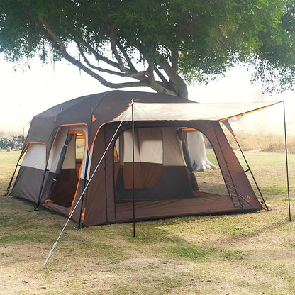 KTT Large Family Cabin Tent 10-12 Person,14.1X10X6.58ft,2 Rooms,3 Storage Pockets,2 Bay-Windows 3 Doors and 3 Windows with Mesh,Straight Wall,Waterproof,Double Layer,Big Tent for Outdoor,Camping