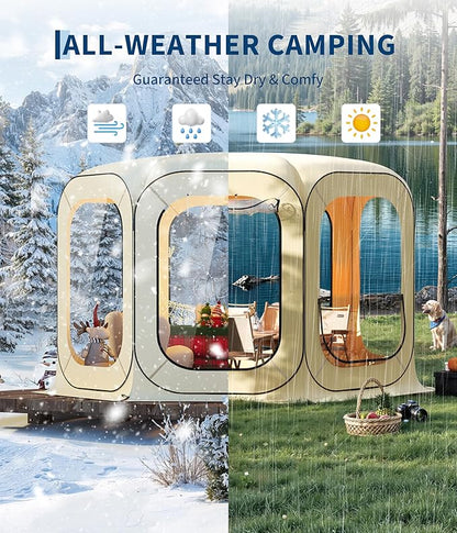 12x12 Ft Outdoor All Weather Pop Up Tent, 8-10 Person Instant Tent Shelter, Rainproof Camping Sun Shelter Coldproof & Windproof for Patio, Backyard, Deck, Sports Events, Beige