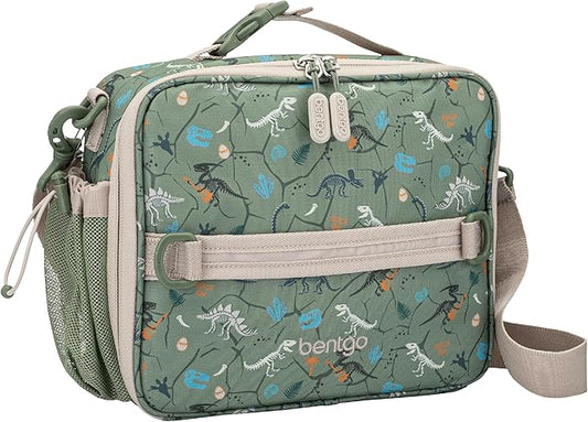 Bentgo Kids Lunch Bag - Durable, Double-Insulated Lunch Bag for Kids 3+; Holds Lunch Box, Water Bottle, & Snacks; Easy-Clean Water-Resistant Fabric & Multiple Zippered Pockets (Dino Fossils)