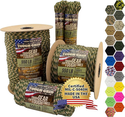 TOUGH-GRID Premium 550lb Paracord Rope - 500Ft White - 100% Nylon Type III Mil-Spec - UV & Abrasion Resistant - Heavy Duty Strands - Outdoor Survival Rope - Used by US Military - Made in USA