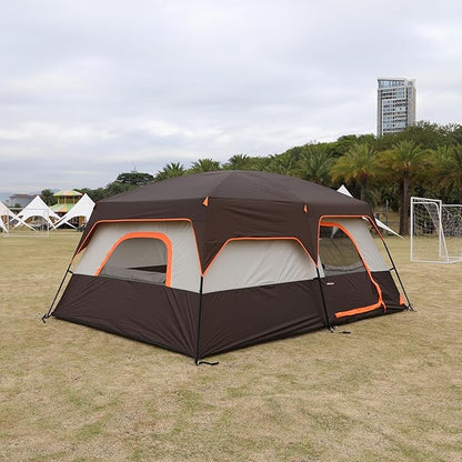 KTT Large Family Cabin Tent 10-12 Person,14.1X10X6.58ft,2 Rooms,3 Storage Pockets,2 Bay-Windows 3 Doors and 3 Windows with Mesh,Straight Wall,Waterproof,Double Layer,Big Tent for Outdoor,Camping