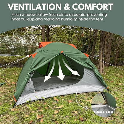 2 Person Tents for Camping, Camping Tent Double Layer Lightweight Waterproof Tent, Windproof with 10 Pegs & 2 Wind Ropes, Ventilated & Bug Free with 2 Mesh Doors for Backpacking, Camping,Hiking