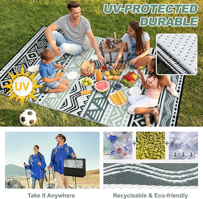 Lahome Outdoor Rug Waterproof, 5x8ft Reversible Outdoor Plastic Straw Rug for Camping, RV Patio Rugs Outside Carpet for Porch Deck Backyard Balcony Picnic(Grey/Black,5'x 8')