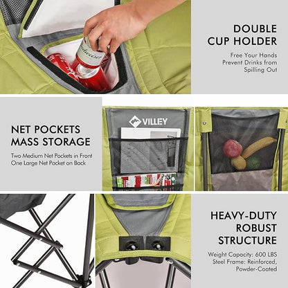 VILLEY Double Camping Chair w/Cooler Bag, Extra Wide Loveseat, Heavy Duty Padded Camping Couch, Portable Folding Chair w/Carry Bag Steel Frame Cup Holders for Camp Lawn Picnic Sports, Support 600LBS