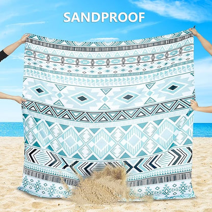 Beach Blanket, Sandproof Beach Mat, Waterproof Quick Drying Lightweight Outdoor Aztec Picnic Mat 79" X 83" for 2-4 Adults with Pocket for Travel, Camping, Hiking