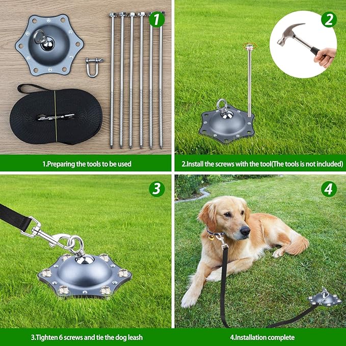 Dog Tie Out Cable and Stake, 360° Swivel Dog Stake with 30FT Nylon Cable and 6 Stainless Steel Screw Anchors, No Tangle Heavy Duty Dog Runner for Large Dogs Up to 150LBS for Yard Park Outdoor Camping