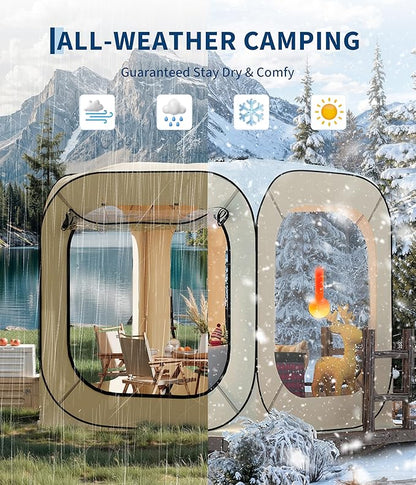 6x6 Ft Outdoor All Weather Pop Up Tent, 2-3 Person Instant Tent Shelter, Rainproof Camping Sun Shelter Coldproof & Windproof for Patio, Backyard, Deck, Sports Events, Beige