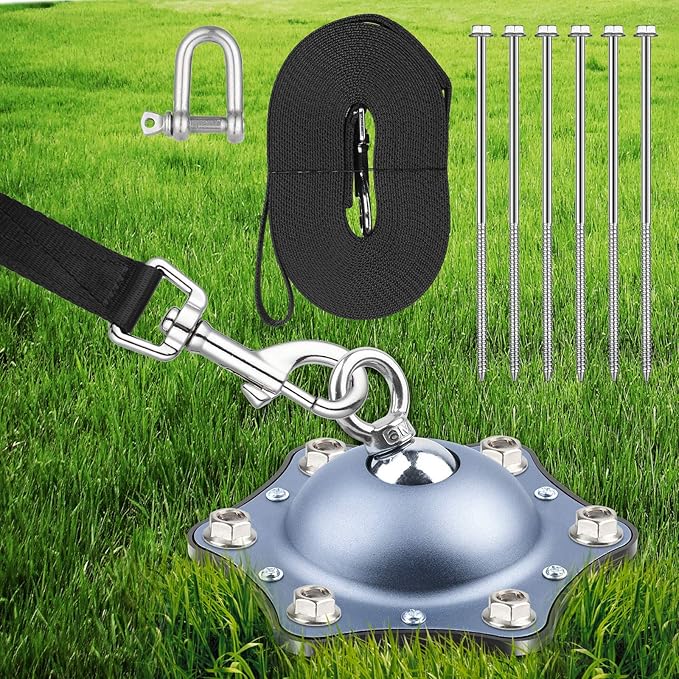 Dog Tie Out Cable and Stake, 360° Swivel Dog Stake with 30FT Nylon Cable and 6 Stainless Steel Screw Anchors, No Tangle Heavy Duty Dog Runner for Large Dogs Up to 150LBS for Yard Park Outdoor Camping