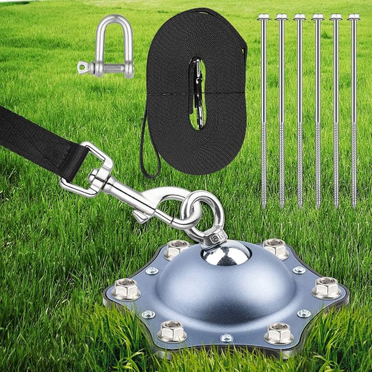 Dog Tie Out Cable and Stake, 360° Swivel Dog Stake with 30FT Nylon Cable and 6 Stainless Steel Screw Anchors, No Tangle Heavy Duty Dog Runner for Large Dogs Up to 150LBS for Yard Park Outdoor Camping