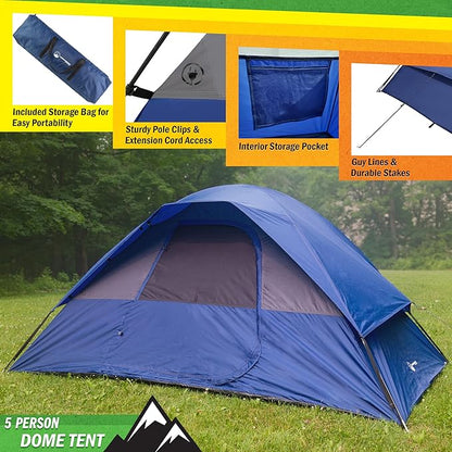 5 Person Camping Tent - Includes Rain Fly and Carrying Bag - Easy Set Up Tent for Backpacking, Hiking, or Beach Use by Wakeman Outdoors (Blue)