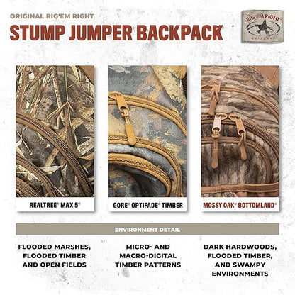 Rig'Em Right Waterfowl Stump Jumper Duck Hunting Blind Backpack with Multi-Layered Padded Shoulder Straps and Back Support, Ammo pockets, Sunglasses Case and More (Mossy Oak Bottom Lands Camo)