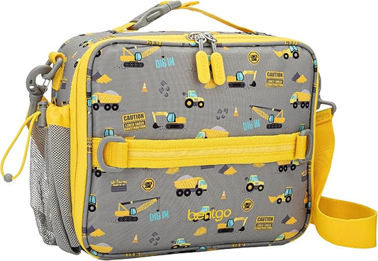 Bentgo Kids Lunch Bag - Durable, Double-Insulated Lunch Bag for Kids 3+; Holds Lunch Box, Water Bottle, & Snacks; Easy-Clean Water-Resistant Fabric & Multiple Zippered Pockets (Construction Trucks)