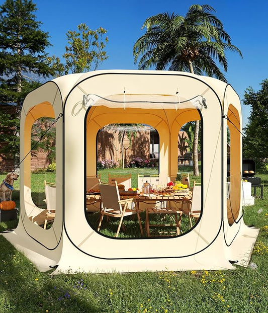 12x12 Ft Outdoor All Weather Pop Up Tent, 8-10 Person Instant Tent Shelter, Rainproof Camping Sun Shelter Coldproof & Windproof for Patio, Backyard, Deck, Sports Events, Beige