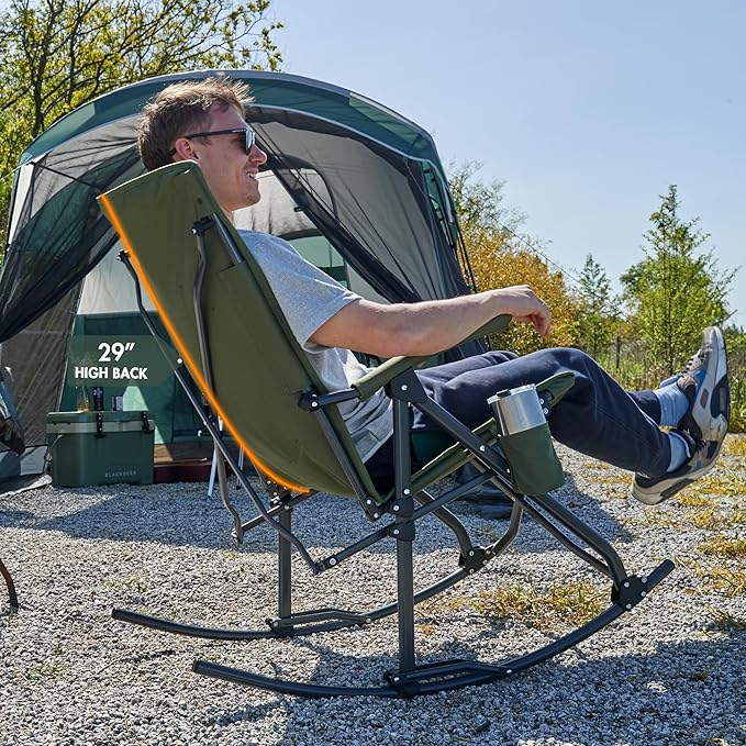 PORTAL Oversized Folding Rocking Camping Chair Portable Outdoor Rocker with High Back Hard Armrests Carry Bag, Supports 400 lbs