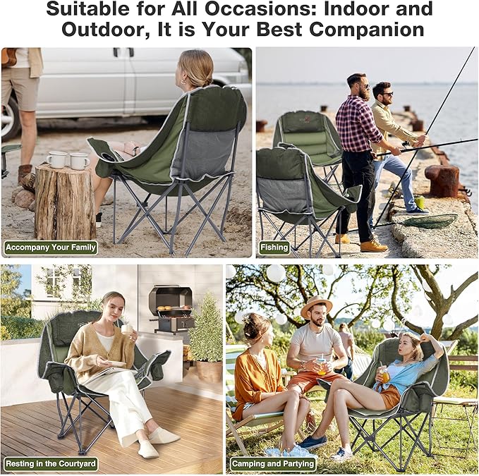 Oversized Camping Chair, Portable Folding Padded Camp Chairs with Side Pocket, Cup Holder, Heavy Duty Support 500LBS Outdoor Lounge Chair for Adults, Fishing, Sports, Trip, Green