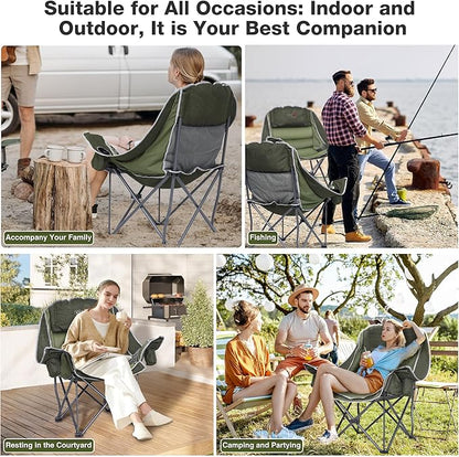 Oversized Camping Chair, Portable Folding Padded Camp Chairs with Side Pocket, Cup Holder, Heavy Duty Support 500LBS Outdoor Lounge Chair for Adults, Fishing, Sports, Trip, Green