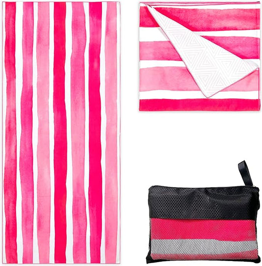 Elite Trend XL Beach Towel for Travel – Extra Large 78x35 Inch w/Bag – Lightweight Microfiber, Compact, Soft, Quick Dry, Sand Free – for Swimming, Pool, Camping, Yoga, Workout – Pink Stripes