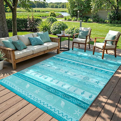 Lahome Outdoor Rug Waterproof, 5x8ft Reversible Outdoor Plastic Straw Rug for Camping, RV Patio Rugs Outside Carpet for Porch Deck Backyard Balcony Picnic(Blue/Multi,5'x 8')