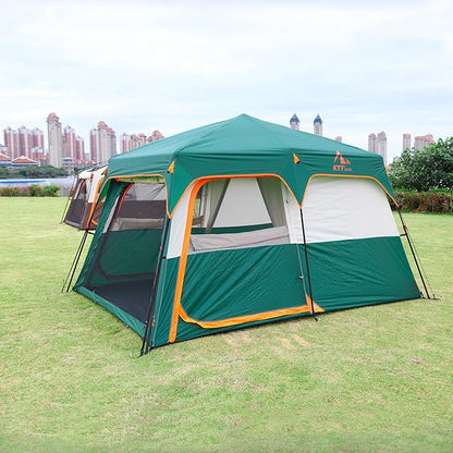 KTT Extra Large Tent 6-10-12-14 Person(B),Family Cabin Tents,2 Rooms,3 Doors and 3 Windows with Mesh,Straight Wall,Waterproof,Double Layer,Big Tent for Outdoor,Picnic,Camping,Family Gathering