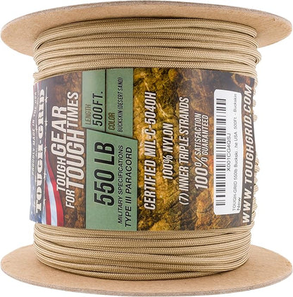 TOUGH-GRID Premium Buckskin Paracord 550 lbs Made in USA Outdoor Survival Nylon Rope Tactical Heavy Duty Strands Parachute Cord Used by US Military Type III Mil-Spec