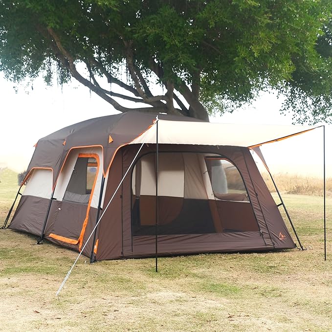 KTT Extra Large Tent 10-12-14 Person(B),Family Cabin Tents,2 Rooms,3 Doors and 3 Windows with Mesh,Straight Wall,Waterproof,Double Layer,Big Tent for Outdoor,Picnic,Camping,Family Gathering