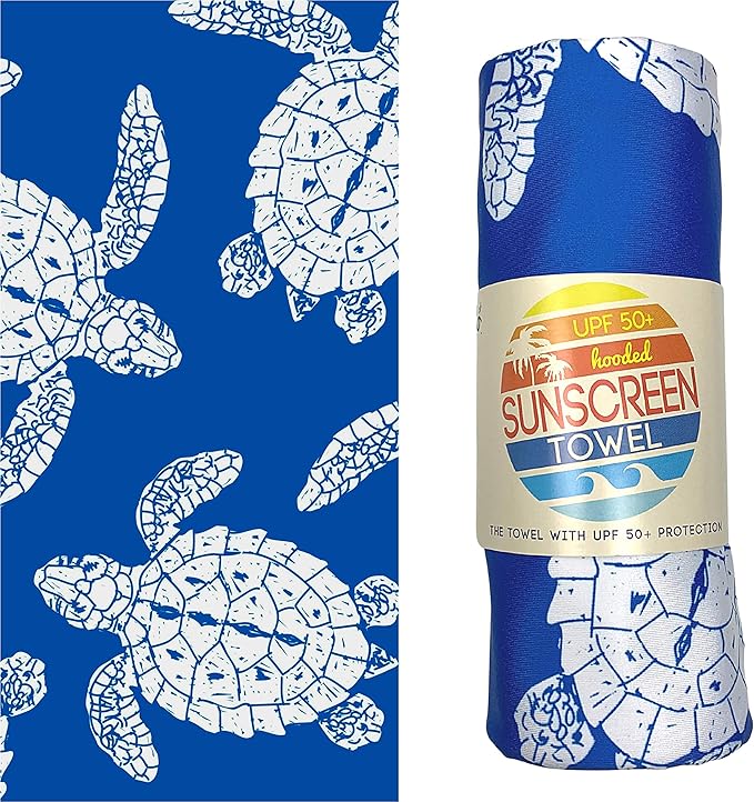 Luv Bug Kids UPF Pool/Beach Towel with Hood, Sunscreen Towel, UV Protection, UPF 50+, Sand Free Absorbent & Quick Dry Swimming Towel for Beaches, Camping, & Travel (30.5" x 40.5", Sea Turtles)
