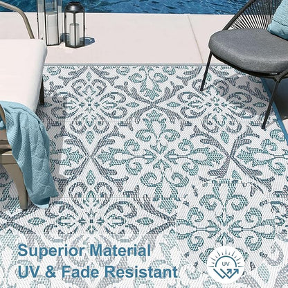 Lahome Patio Rug 6x9 Deck Rugs Outdoor Waterproof for Outside, Plastic Straw Rug Reversible Rv Mat,Large Portable Porch Floor Camping Carpet for Balcony Tent, Blue & White 6x9