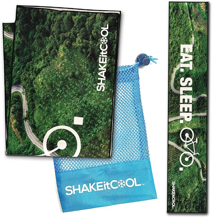SHAKEitCOOL Original Cooling Towel – Be Cool in Style - Heat Relief, Soft, Lightweight, Sun Protection, Easy Clean - Perfect for Biking, Running, Yoga, Gym, Gardening - Eat.Sleep.Bike