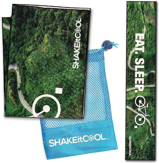 SHAKEitCOOL Original Cooling Towel – Be Cool in Style - Heat Relief, Soft, Lightweight, Sun Protection, Easy Clean - Perfect for Biking, Running, Yoga, Gym, Gardening - Eat.Sleep.Bike