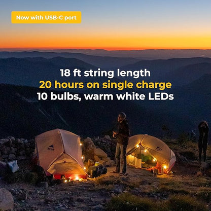 MPOWERD Luci Solar String Lights + Phone Charger: Rechargeable via Solar or USB-C, White 18', 100 Lumens LEDs, Lasts Up to 20 Hours, Waterproof, Camping, Pool/Patio, and Travel