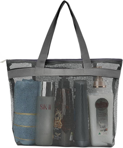 Portable Mesh Shower Caddy Tote Bag Hanging Toiletry Bag with Zipper for Travel, Bath, Gym, Beach, Camping, Swimming, Sunscreen, Dorm (Gray)