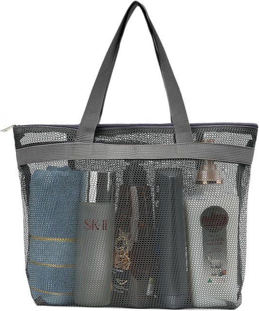 Portable Mesh Shower Caddy Tote Bag Hanging Toiletry Bag with Zipper for Travel, Bath, Gym, Beach, Camping, Swimming, Sunscreen, Dorm (Gray)