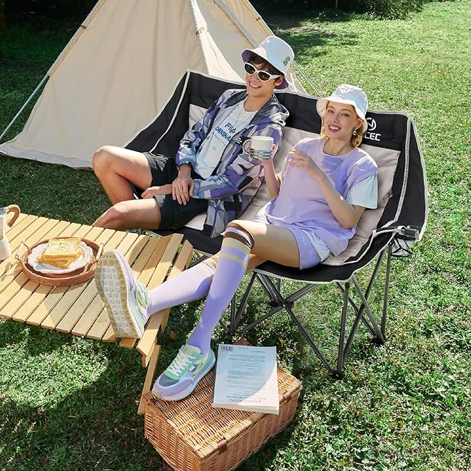Nice C Loveseat Camping Chair, Double Camping Chair, Outdoor Camping Couch, Oversized Camping Loveseat, Padded Folding Chair for Adults, with Cooler Bag, Wine Glass Holder (Black&Grey)