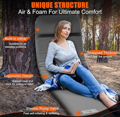 Self Inflating Sleeping Pad with Electric Pump, TPYOCQU 3.15" Memory Foam Camping Mattress Sleeping Mat with Pillow, Easy Inflate&Deflate 9.5 R-Value Insulated Camping Pad Mattress for Travel Car Tent