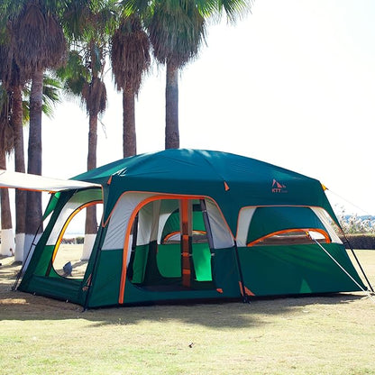 KTT Extra Large Tent 12 Person,2 Bay-Windows,Family Cabin Tents,14'Lx10'Wx6.58'H,2 Rooms and 3 Doors 3 Windows with Mesh,Waterproof,Straight Wall,Big Tent for Outdoor,Picnic,Camping,Gathering