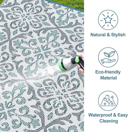 Lahome Patio Rug 6x9 Deck Rugs Outdoor Waterproof for Outside, Plastic Straw Rug Reversible Rv Mat,Large Portable Porch Floor Camping Carpet for Balcony Tent, Blue & White 6x9