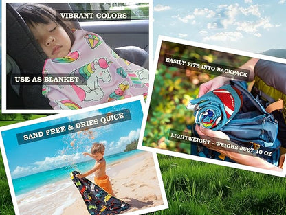 Microfiber Beach Towel for Kids - Thin and Large (30"x60") - Unicorn - Absorbent, quick dry, sand free, lightweight, blanket - toddler, girls, boys - For Sports, Pool, Picnic, Camping, Travel, Swim