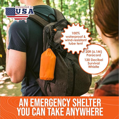 Go Time Gear Survival Life Tent • 2 Person Mylar Emergency Shelter Tube Tent + Paracord • All-Weather Protection for Camping, Hiking, & Survival Kits • Includes Emergency Whistle