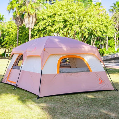 KTT Extra Large Tent 6-10-12-14 Person(Style-B),Family Cabin Tents,2 Rooms,3 Doors and 3 Windows with Mesh,Straight Wall,Waterproof,Double Layer,Big Tent for Outdoor,Picnic,Camping,Family Gathering