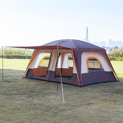KTT Extra Large Tent 10-12-14 Person(A),Family Cabin Tents,2 Rooms,3 Doors and 3 Windows with Mesh,Straight Wall,Waterproof,Double Layer,Big Tent for Outdoor,Picnic,Camping,Family Gathering