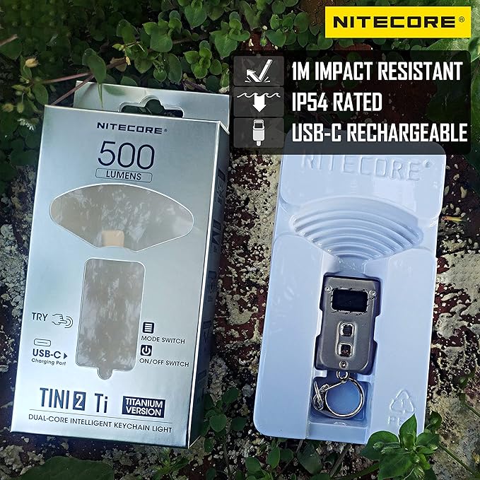 Nitecore TINI 2 Ti Titanium 500 Lumen Rechargeable EDC Keychain Flashlight with Retractable Keychain