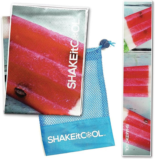 SHAKEitCOOL Original Cooling Towel – Be Cool in Style - Heat Relief, Soft, Lightweight, Sun Protection, Easy Clean - Perfect for Biking, Running, Yoga, Gym, Gardening - Watermelon