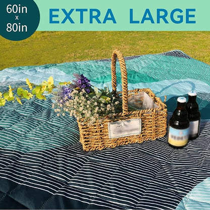 Whale Flotilla Extra Large Waterproof Picnic Blankets 60"x80", Foldable Lightweight Outdoor Blanket for Camping, Hiking, Traveling, Soft Portable Easy to Clean Picnic Mat for Beach Grass Park, Green