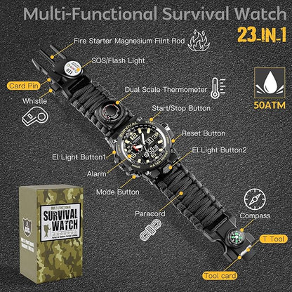 Kavie 23-in-1 Military Tactical Watch for Men, Multifunctional Outdoors Waterproof Survival Watches with Compass Whistle Fire Starter and Thermometer, Paracord Watch Bracelets with Outdoor Army Gear
