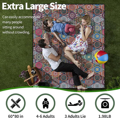 60x80'' Oversized Picnic Blanket Patios Water Proof Sandfree Lightweight Portable Beach Workout Concert Matts Festival Family Camper Trailers Items Motorhome Car Trips Stuff Gift Ideas Boho