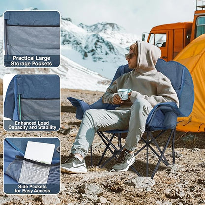 Oversized Camping Chair, Portable Folding Padded Camp Chairs with Side Pocket, Cup Holder, Heavy Duty Support 500LBS Outdoor Lounge Chair for Adults, Fishing, Sports, Trip, Navy Blue