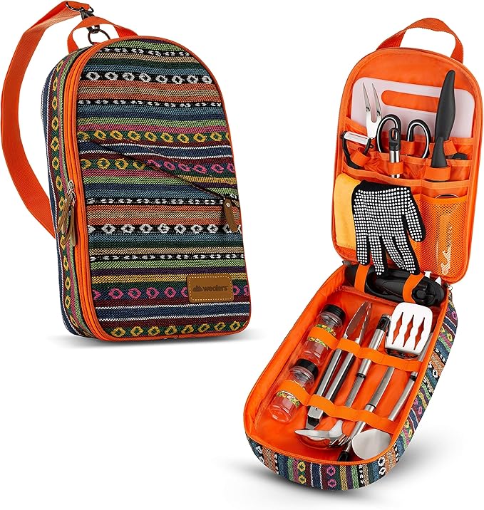 Camp Kitchen Cooking Utensil Set Travel Organizer Grill Accessories Portable Compact Gear for Backpacking BBQ Camping Hiking Travel Cookware Kit Water Resistant Case
