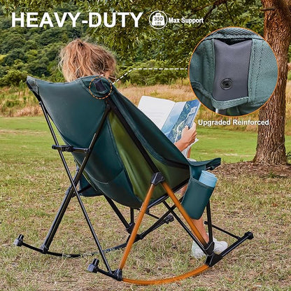 Oversized Rocking Camping Chair for Adults Heavy Duty,Padded Outdoor Rocking Chair Lawn Chairs Portable Rocking Camp Chairs with Side Pocket and Carry Bag for Indoor,Beach,Camp,Lawn,Outdoor