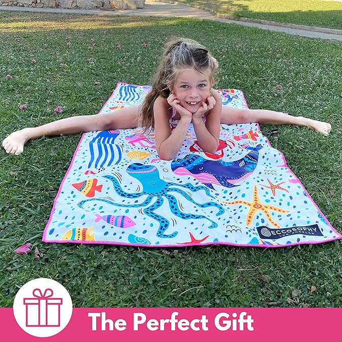 ECCOSOPHY Microfiber Kids Beach Towels & Pouch 60"x30" for Girls & Boys - Quick Dry Pool Towels - Sand Free Beach Blanket for Travel - Camping - Vacation - Toallas Playas